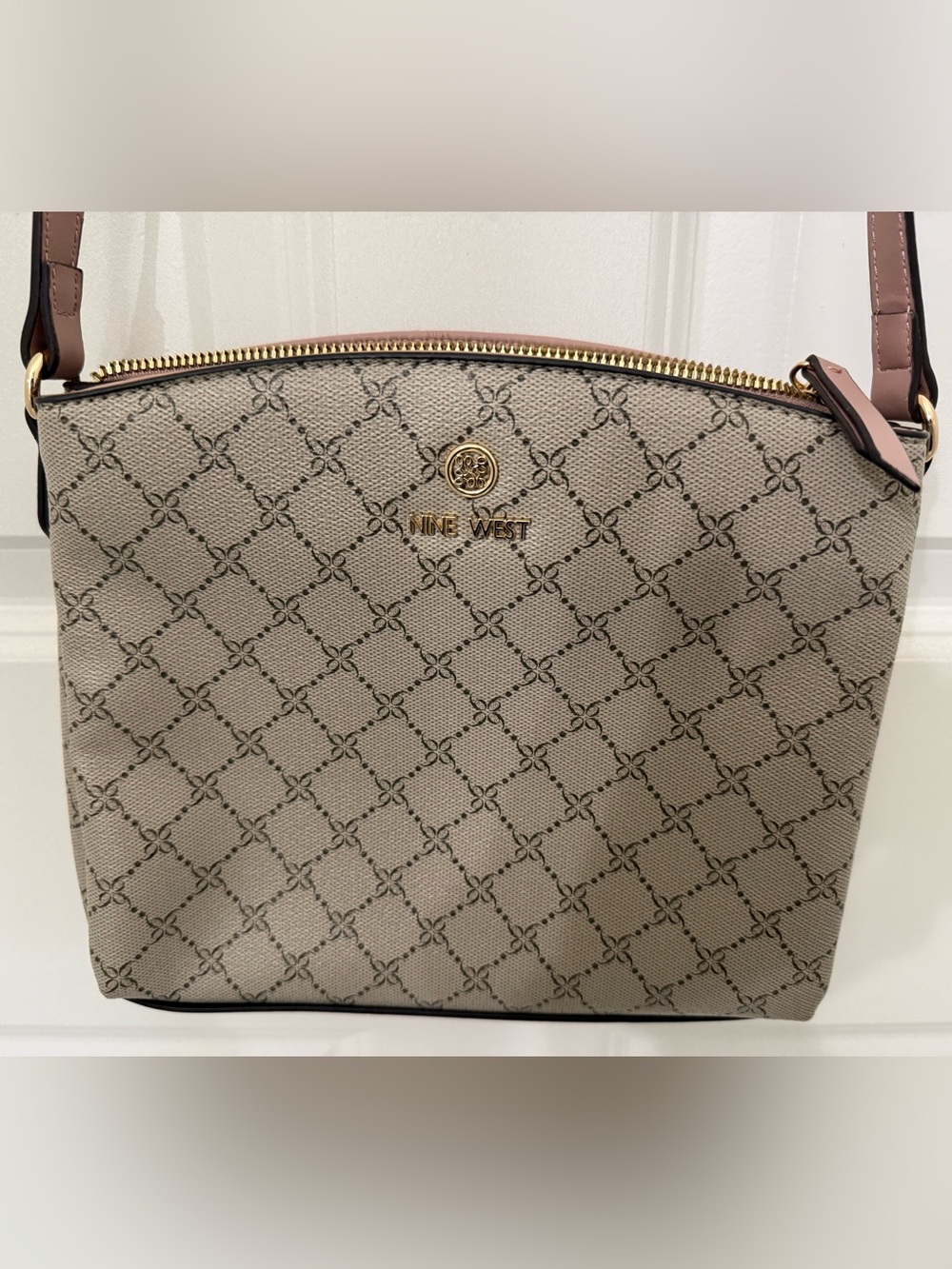 Nine West Beige Patterned Dome Pouch with Gold Detail
